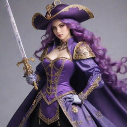 An anime-styled, female musketeer with flowing purple hair, clad in a dazzling, intricate musketeer outfit. She confidently wields a ornately adorned rapier in a striking pose.