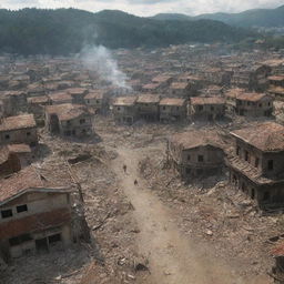 Update the scene to reflect devastation. The Shiganshina district of Attack on Titan post-explosion, all the houses are reduced to rubble, with smoky ruins and debris scattered everywhere.