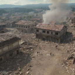 Update the scene to reflect devastation. The Shiganshina district of Attack on Titan post-explosion, all the houses are reduced to rubble, with smoky ruins and debris scattered everywhere.