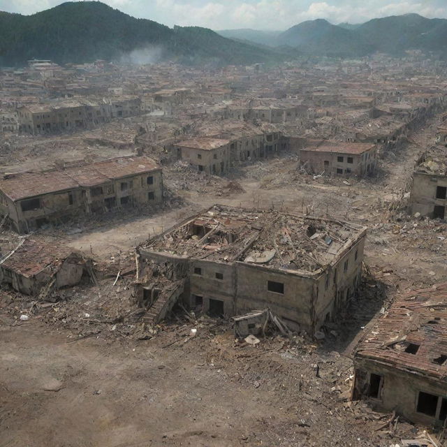 Update the scene to reflect devastation. The Shiganshina district of Attack on Titan post-explosion, all the houses are reduced to rubble, with smoky ruins and debris scattered everywhere.