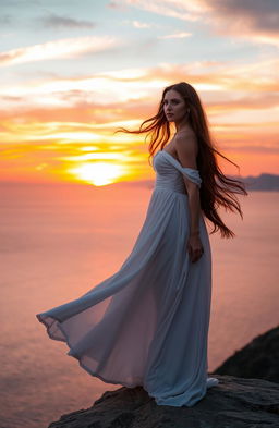 A stunning scene featuring a graceful, long-haired brunette woman dressed in a flowing white gown, standing on a cliff overlooking a breathtaking sunset