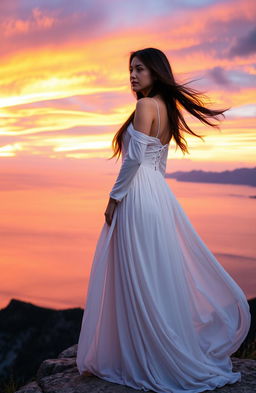 A stunning scene featuring a graceful, long-haired brunette woman dressed in a flowing white gown, standing on a cliff overlooking a breathtaking sunset