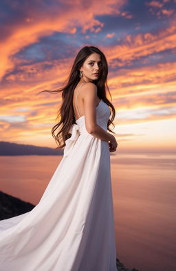 A stunning scene featuring a graceful, long-haired brunette woman dressed in a flowing white gown, standing on a cliff overlooking a breathtaking sunset