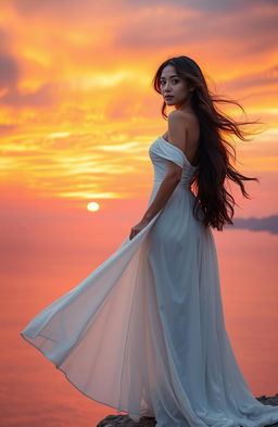 A stunning scene featuring a graceful, long-haired brunette woman dressed in a flowing white gown, standing on a cliff overlooking a breathtaking sunset