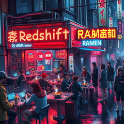 A vibrant and bustling Cyberpunk Ramen shop named 'Redshift Ramen' set in a neon-lit urban environment