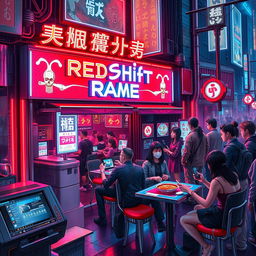 A vibrant and bustling Cyberpunk Ramen shop named 'Redshift Ramen' set in a neon-lit urban environment