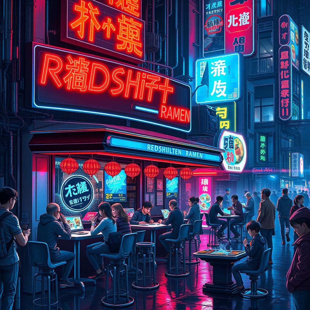 A vibrant and bustling Cyberpunk Ramen shop named 'Redshift Ramen' set in a neon-lit urban environment