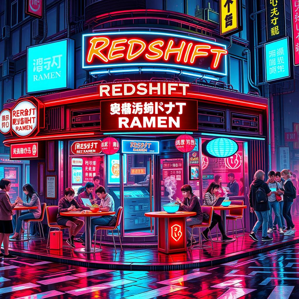 A vibrant and bustling Cyberpunk Ramen shop named 'Redshift Ramen' set in a neon-lit urban environment