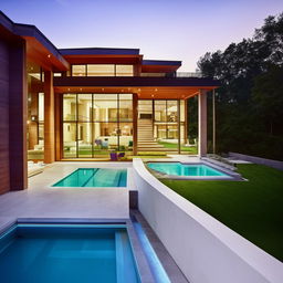 Modern house with expansive high windows, complemented by a stunning outdoor area; a basketball court, a tennis court, and a gleaming swimming pool.