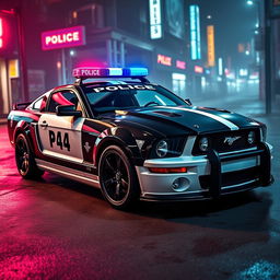 A 2005 black and white police Mustang car, featuring a classic police light bar mounted on top and striking black rims