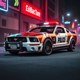 A 2005 black and white police Mustang car, featuring a classic police light bar mounted on top and striking black rims