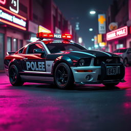 A 2005 black and white police Mustang car, featuring a classic police light bar mounted on top and striking black rims