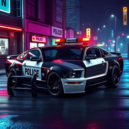 A 2005 black and white police Mustang car, featuring a classic police light bar mounted on top and striking black rims