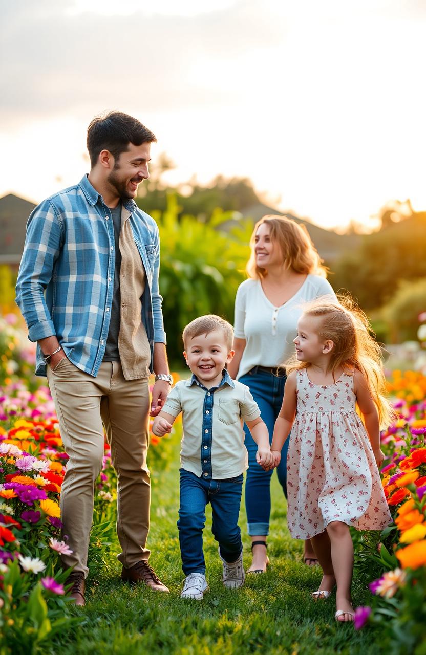 A picturesque and harmonious family portrait featuring an ideal family of four, exuding happiness and love