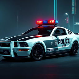 A striking image of a 2005 black and white Mustang police car, featuring a futuristic cyberpunk style