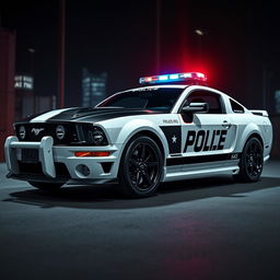 A striking image of a 2005 black and white Mustang police car, featuring a futuristic cyberpunk style