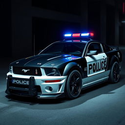 A striking image of a 2005 black and white Mustang police car, featuring a futuristic cyberpunk style