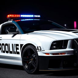 A striking image of a 2005 black and white Mustang police car, featuring a futuristic cyberpunk style