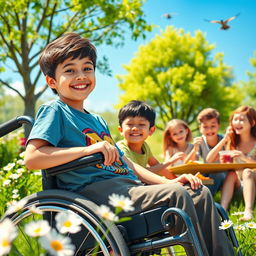 A poignant and inspiring scene depicting a young boy in a wheelchair, showcasing his determination and spirit