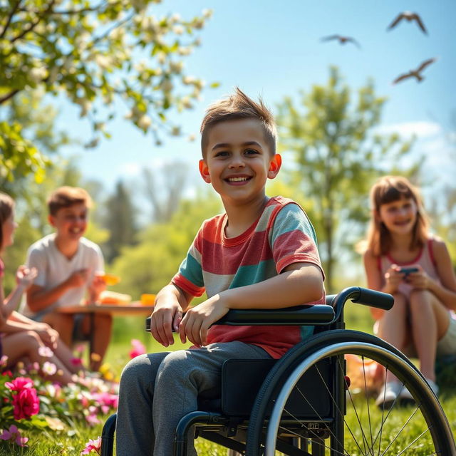 A poignant and inspiring scene depicting a young boy in a wheelchair, showcasing his determination and spirit