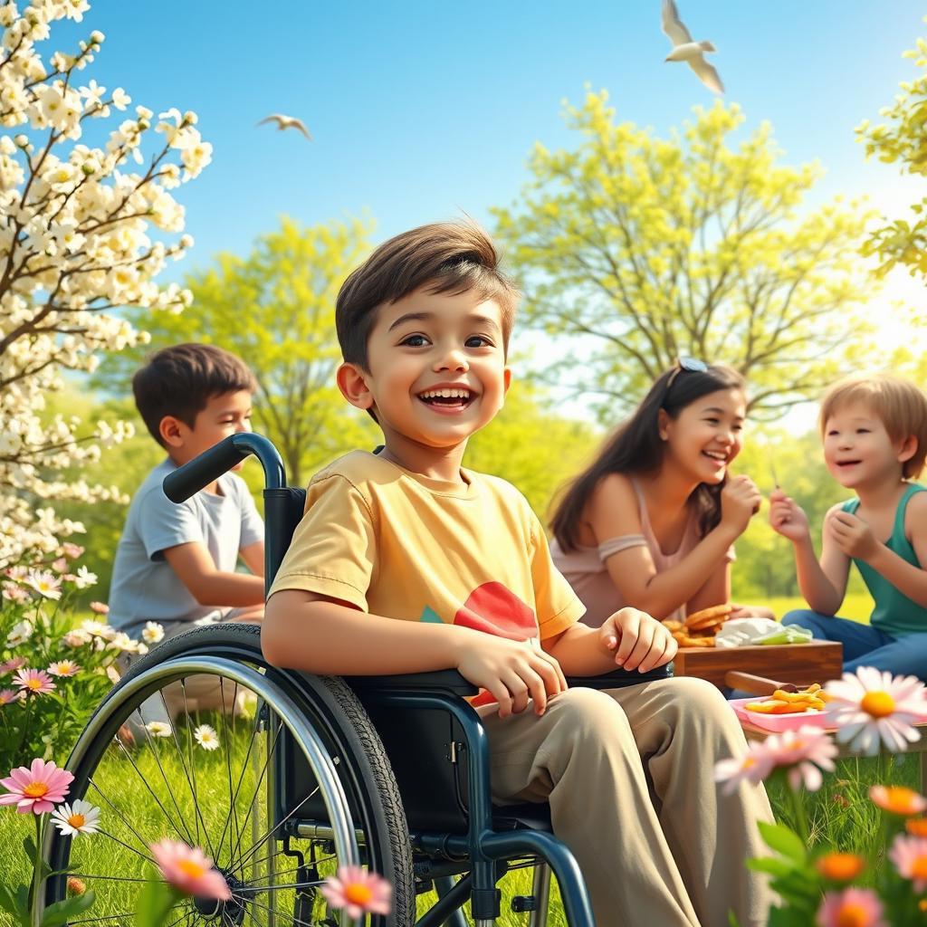 A poignant and inspiring scene depicting a young boy in a wheelchair, showcasing his determination and spirit