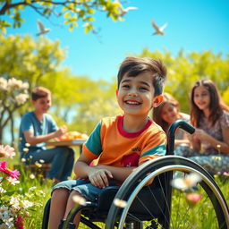 A poignant and inspiring scene depicting a young boy in a wheelchair, showcasing his determination and spirit