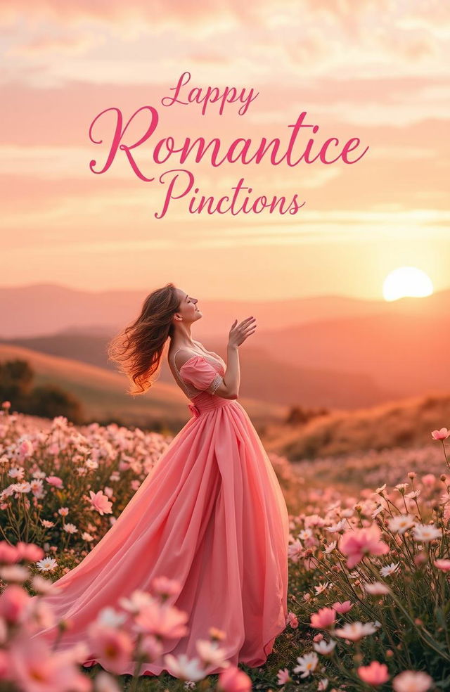 A whimsical scene depicting a romantic fiction book cover, showcasing soft coral pink hues as the dominant color