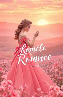 A whimsical scene depicting a romantic fiction book cover, showcasing soft coral pink hues as the dominant color