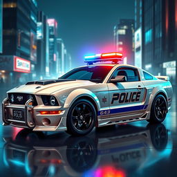 A futuristic cyberpunk style 2005 Mustang police car, featuring a sleek and aggressive design