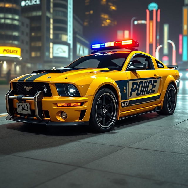 A futuristic cyberpunk style 2005 Mustang police car, featuring a sleek and aggressive design