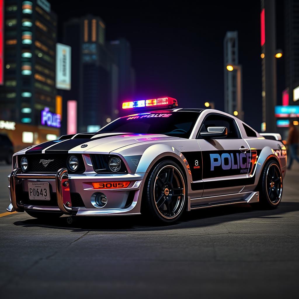 A futuristic cyberpunk style 2005 Mustang police car, featuring a sleek and aggressive design