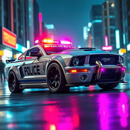 A futuristic cyberpunk style 2005 Mustang police car, featuring a sleek and aggressive design