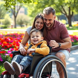 A touching scene depicting a young boy in a wheelchair, sitting closely with his loving parents