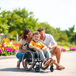 A touching scene depicting a young boy in a wheelchair, sitting closely with his loving parents