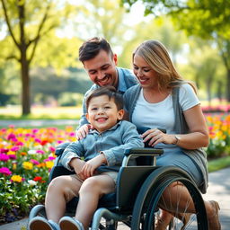 A touching scene depicting a young boy in a wheelchair, sitting closely with his loving parents