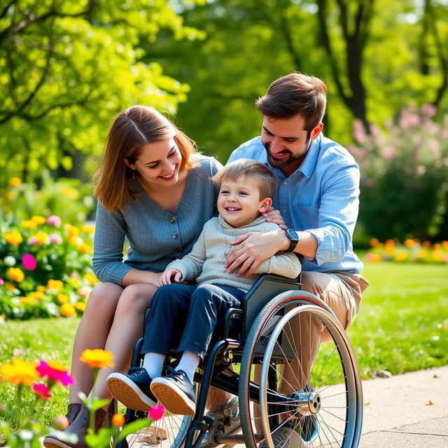 A touching scene depicting a young boy in a wheelchair, sitting closely with his loving parents