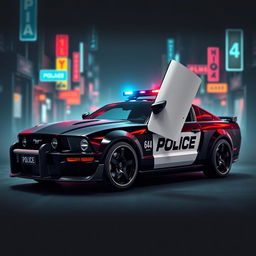 A futuristic cyberpunk style police car based on a 2005 Mustang design