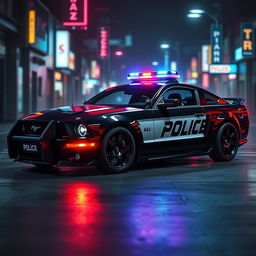 A futuristic cyberpunk style police car based on a 2005 Mustang design