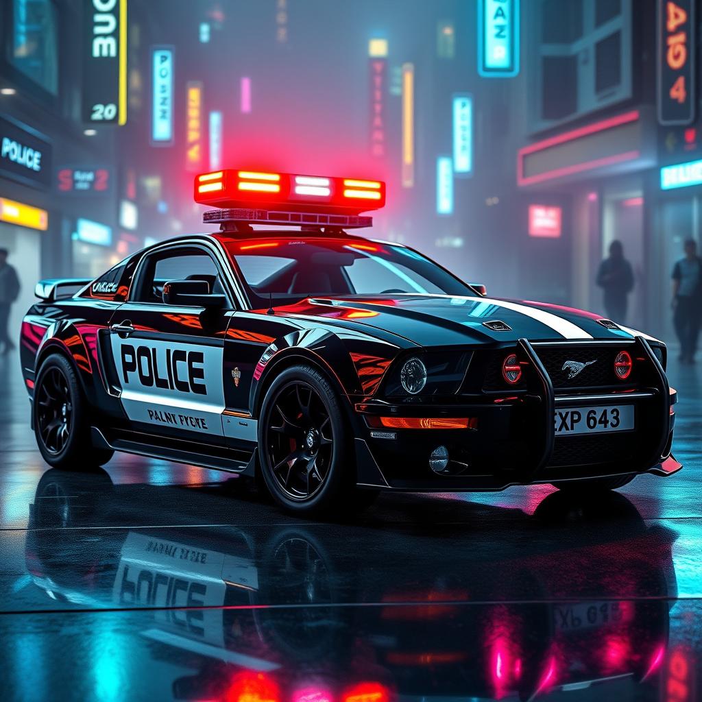 A futuristic cyberpunk style police car based on a 2005 Mustang design