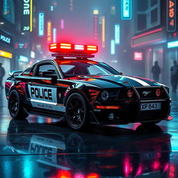 A futuristic cyberpunk style police car based on a 2005 Mustang design