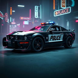 A futuristic cyberpunk style police car based on a 2005 Mustang design