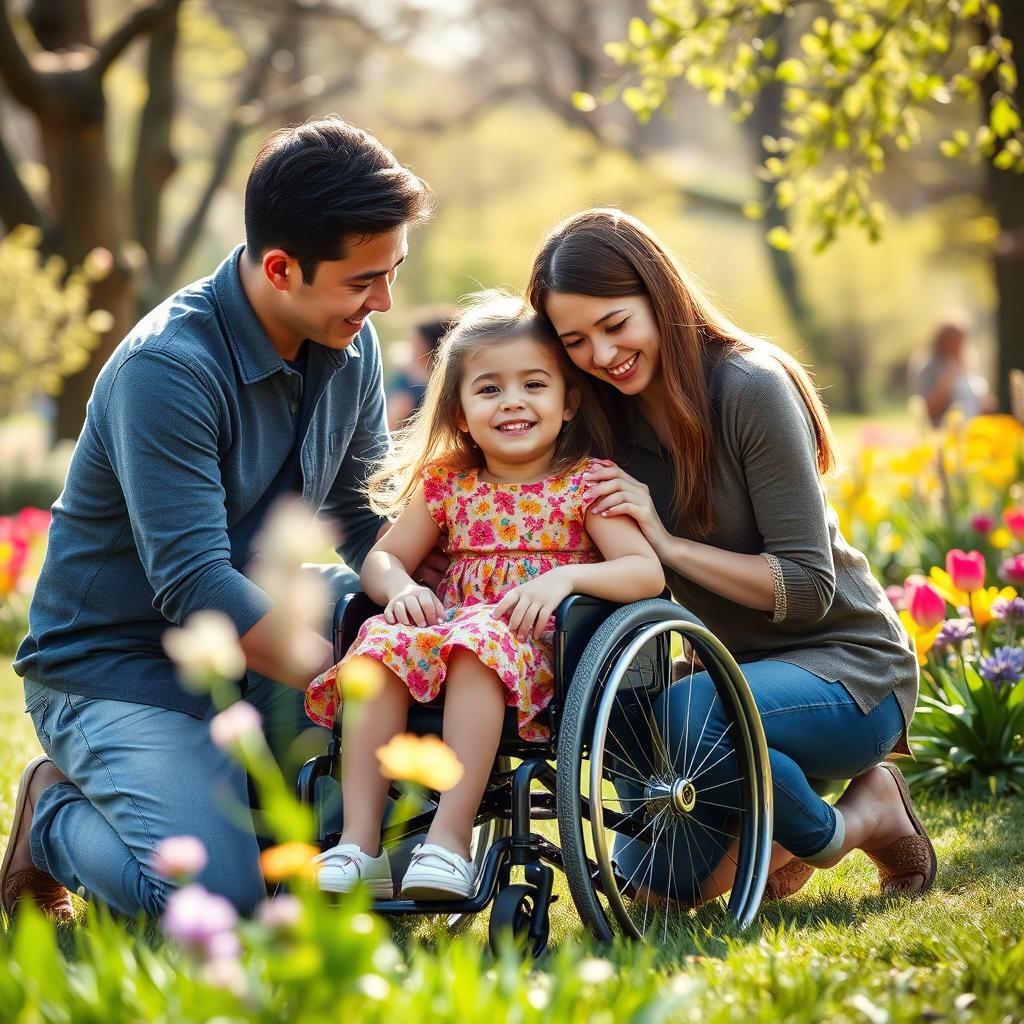 A heartfelt scene depicting a young girl in a wheelchair, surrounded by her loving parents