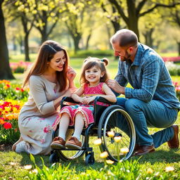 A heartfelt scene depicting a young girl in a wheelchair, surrounded by her loving parents