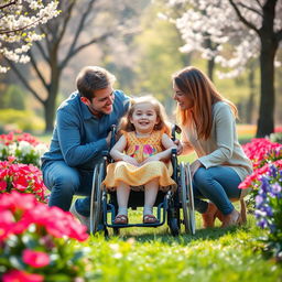 A heartfelt scene depicting a young girl in a wheelchair, surrounded by her loving parents