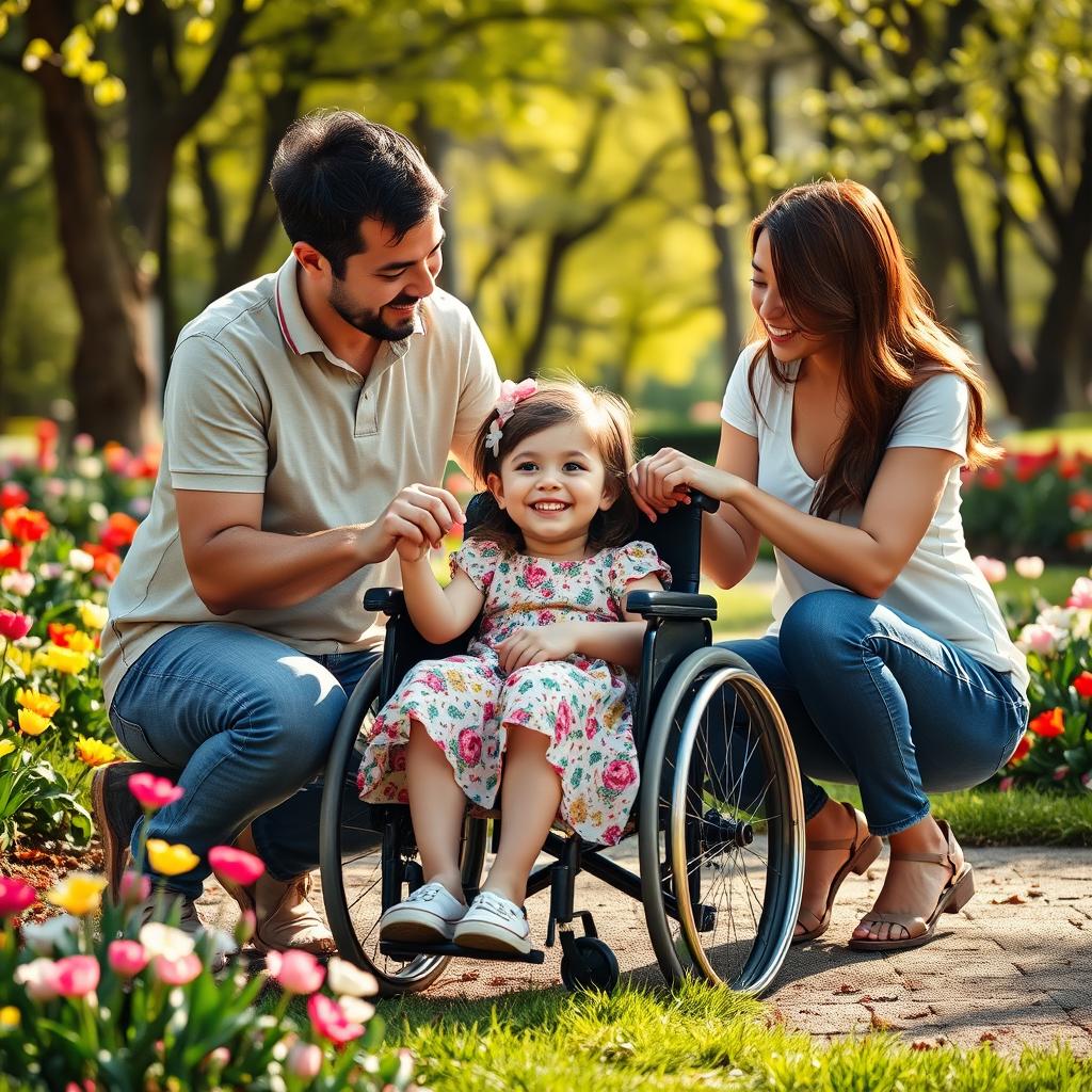 A heartfelt scene depicting a young girl in a wheelchair, surrounded by her loving parents