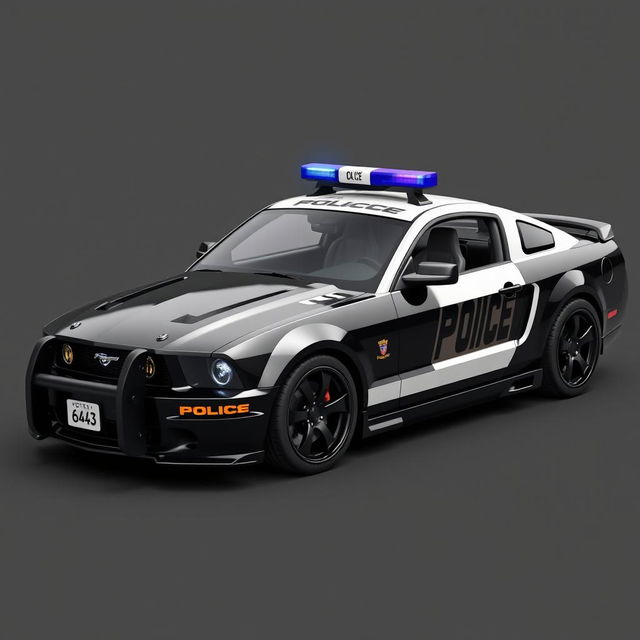 A 2005 Mustang police car designed in a cyberpunk style, featuring a sleek black body with contrasting white doors