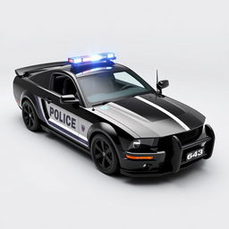 A 2005 Mustang police car designed in a cyberpunk style, featuring a sleek black body with contrasting white doors