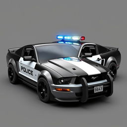 A 2005 Mustang police car designed in a cyberpunk style, featuring a sleek black body with contrasting white doors