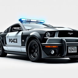 A 2005 Mustang police car designed in a cyberpunk style, featuring a sleek black body with contrasting white doors