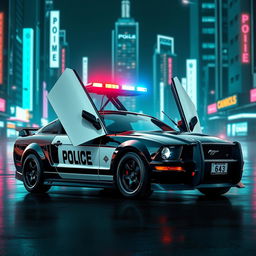 A striking 2005 Mustang police car depicted in a cyberpunk style